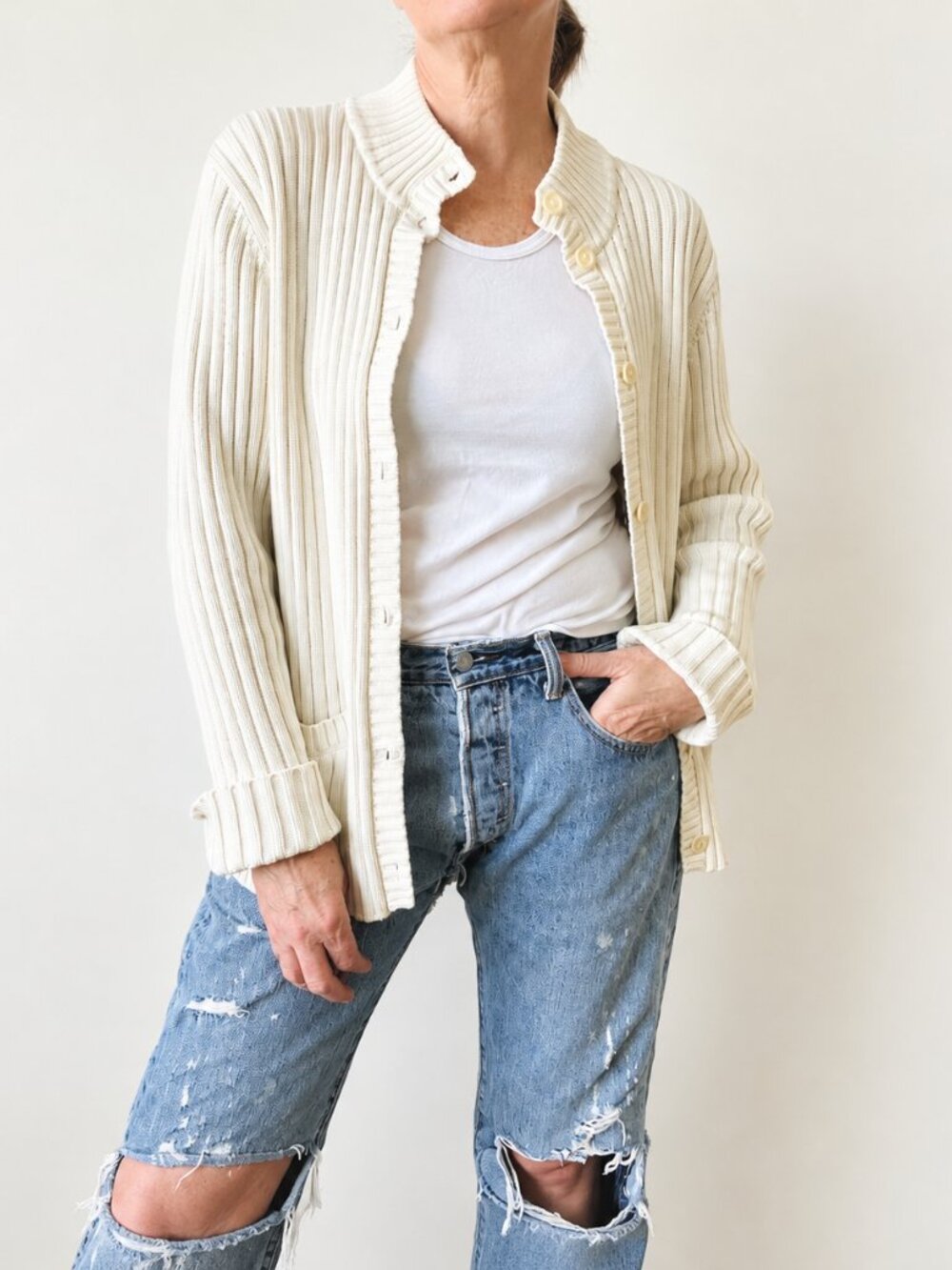 Vintage Cotton Cardigan Sweater Chunky Knit Mock Neck Size Medium Oversized Fit